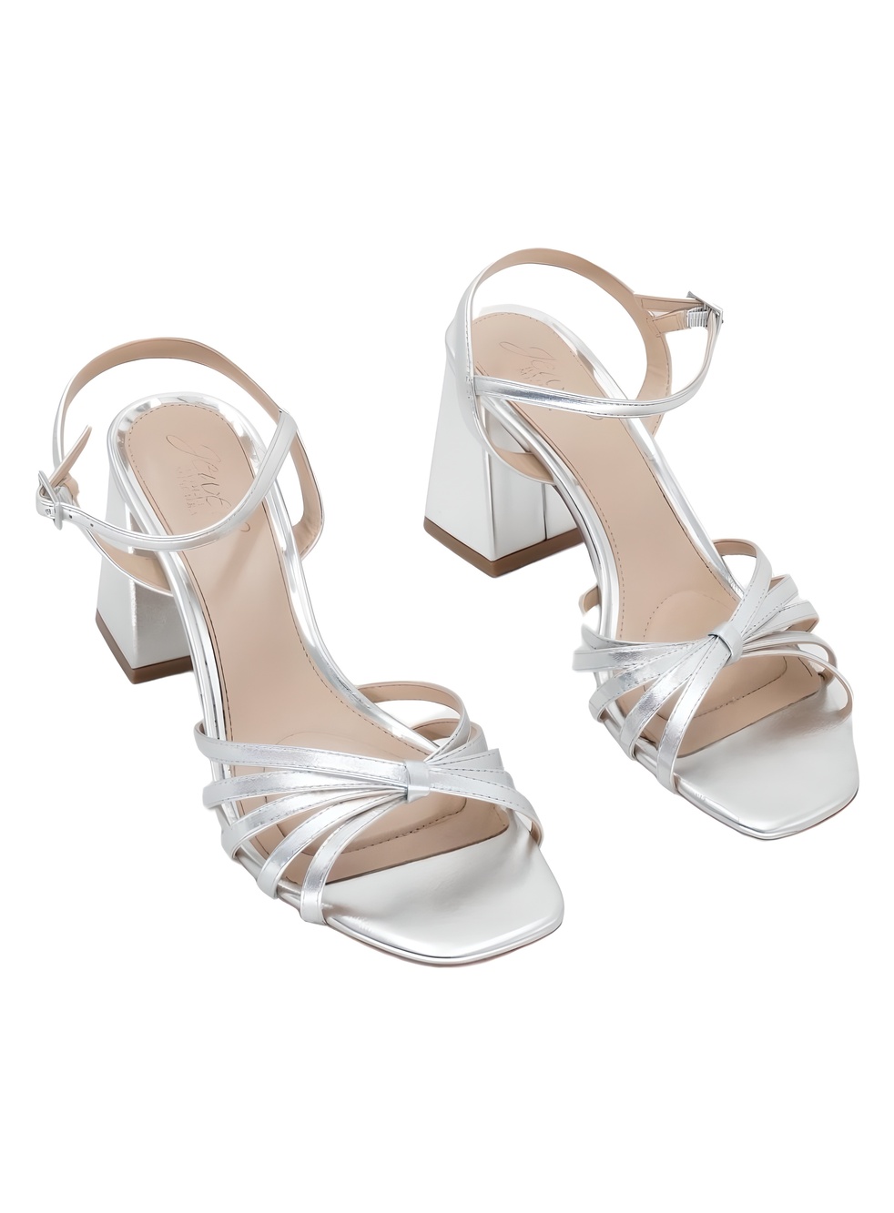 Jewel Badgley Mischka Patience Silver Metallic Strappy Bow Block Heel Size 7.5M